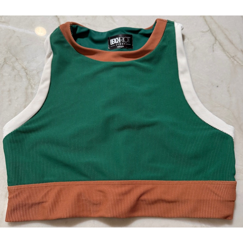 Beach Riot Sport Ribbed Crop Top Green Tan Colorblock Racerback Tank Small - Picture 2 of 7